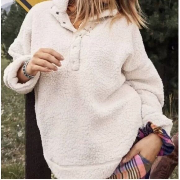 Aerie Cloud Sherpa Oversized Pullover Sweatshirt, XL, Button-Up High Collar - Picture 1 of 13
